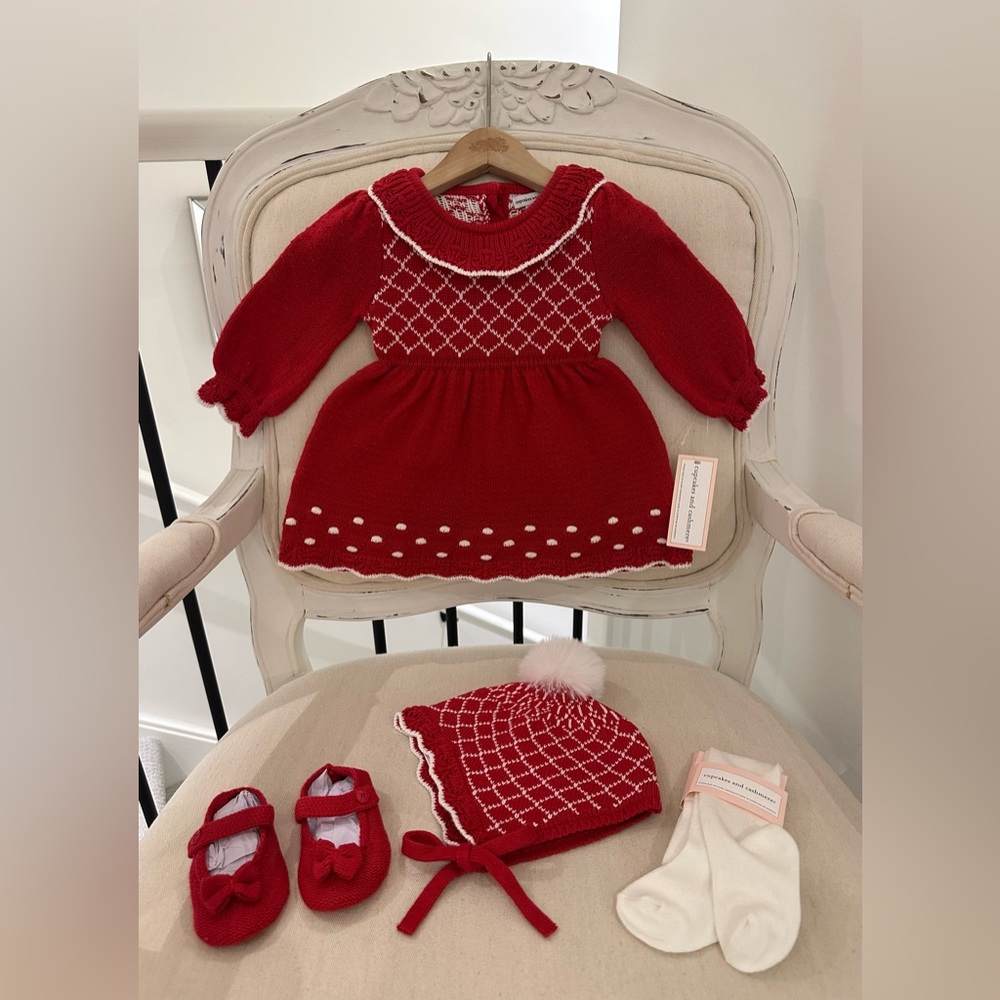 🦢 3~6 Mth Red Knit Embroidered Baby Dress with Bonnet, tights and Shoes NWT